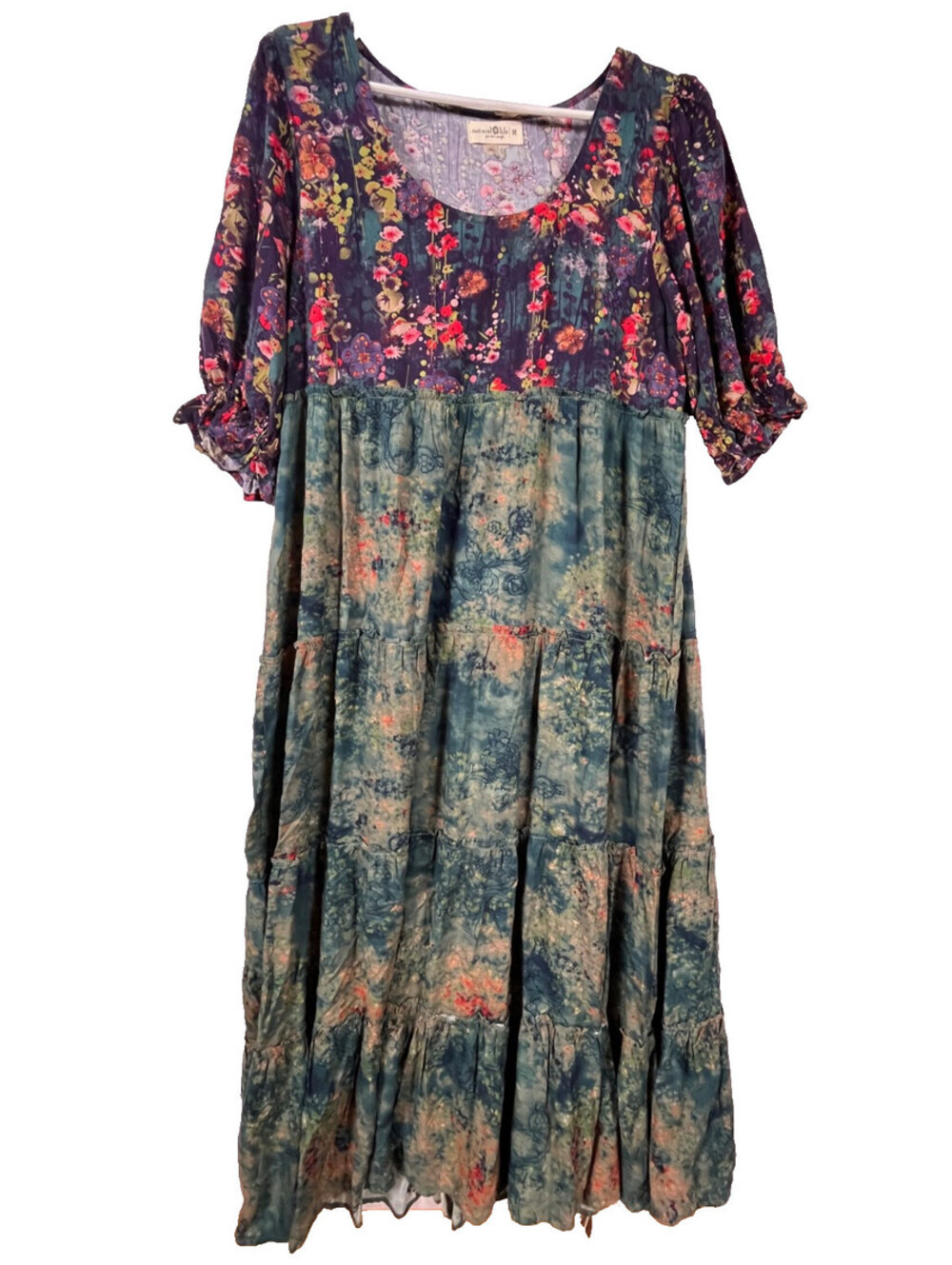 Natural Life M Rayon Maxi Dress Cottagecore Tiered Floral Boho Puff Sleeve
